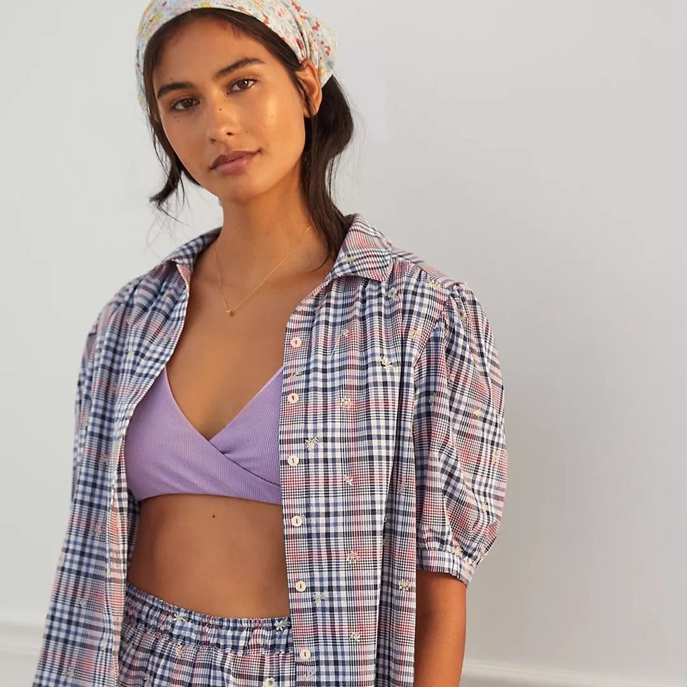 Anthropologie-Embroidered Plaid Pajama Set - Picture 3 of 4